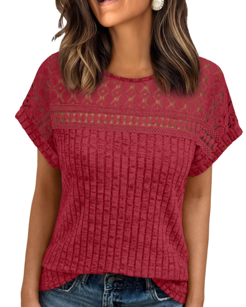 Elva Blusa Donna – Maniche Corte con Pizzo, Girocollo & Top Casual Elegante