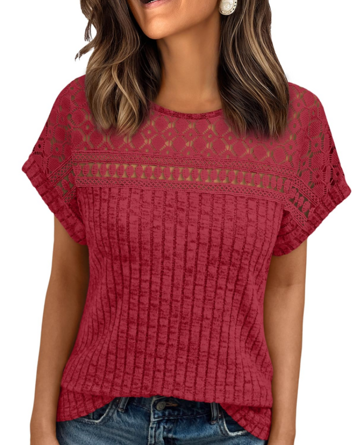Elva Blusa Donna – Maniche Corte con Pizzo, Girocollo & Top Casual Elegante