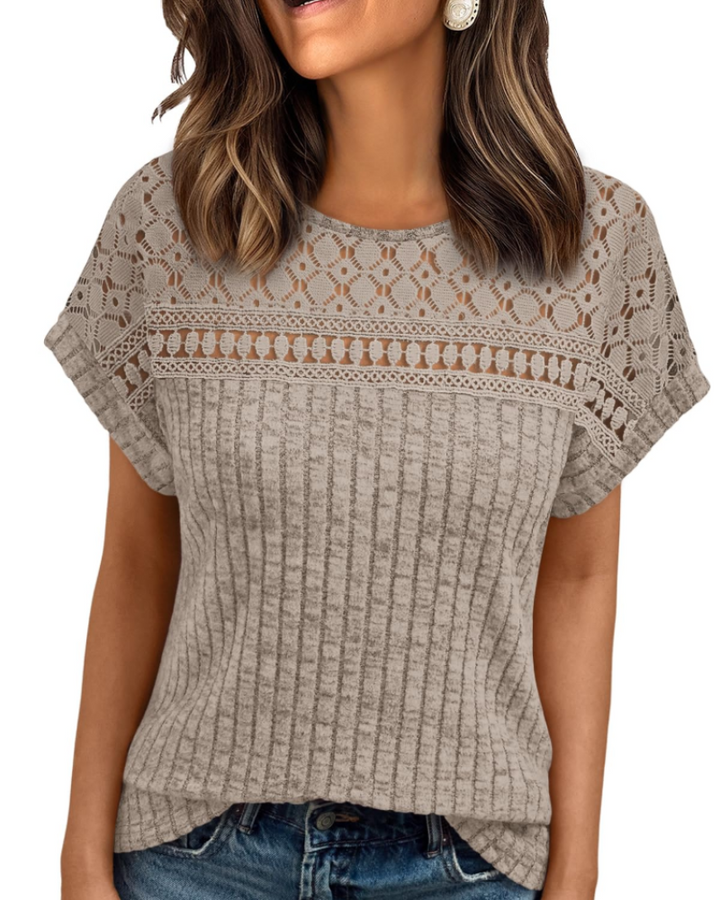 Elva Blusa Donna – Maniche Corte con Pizzo, Girocollo & Top Casual Elegante