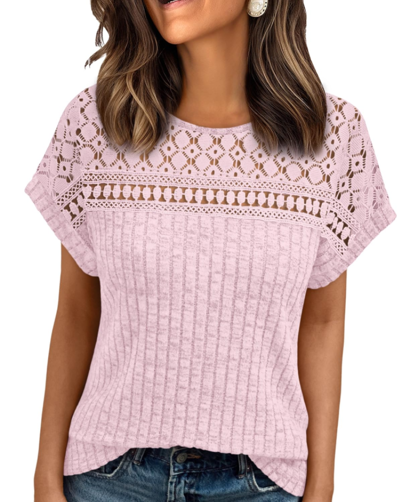 Elva Blusa Donna – Maniche Corte con Pizzo, Girocollo & Top Casual Elegante