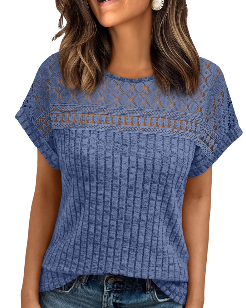 Elva Blusa Donna – Maniche Corte con Pizzo, Girocollo & Top Casual Elegante