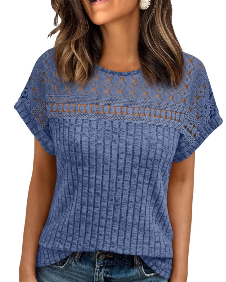 Elva Blusa Donna – Maniche Corte con Pizzo, Girocollo & Top Casual Elegante