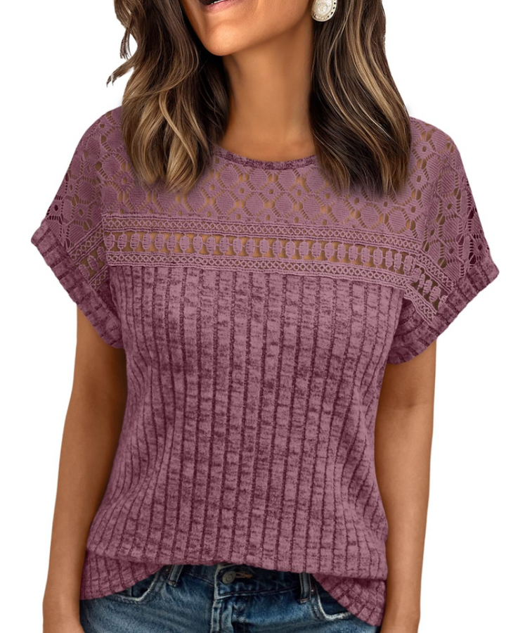 Elva Blusa Donna – Maniche Corte con Pizzo, Girocollo & Top Casual Elegante