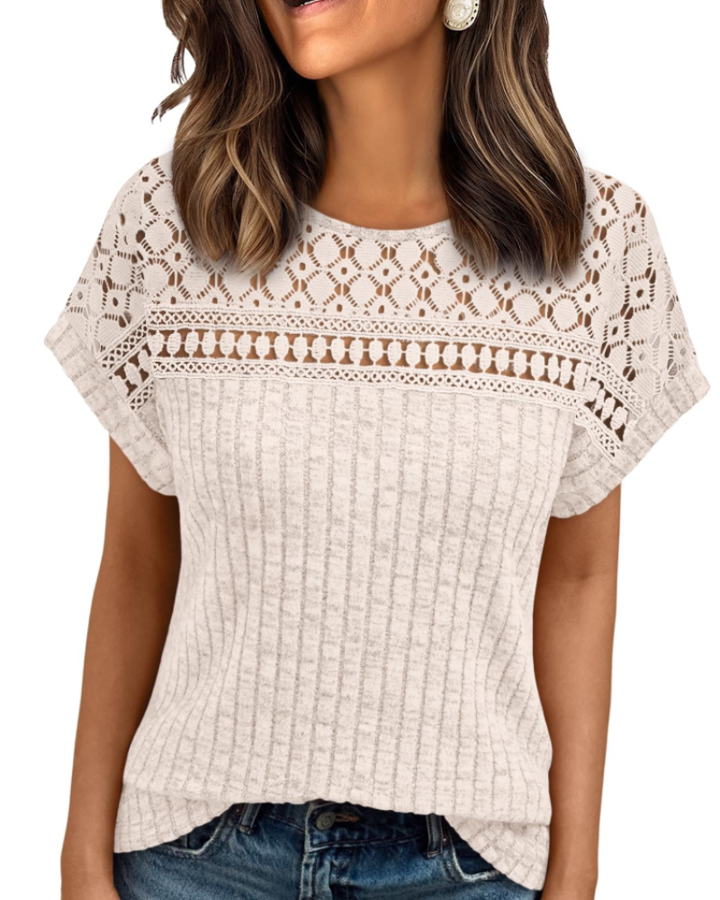 Elva Blusa Donna – Maniche Corte con Pizzo, Girocollo & Top Casual Elegante