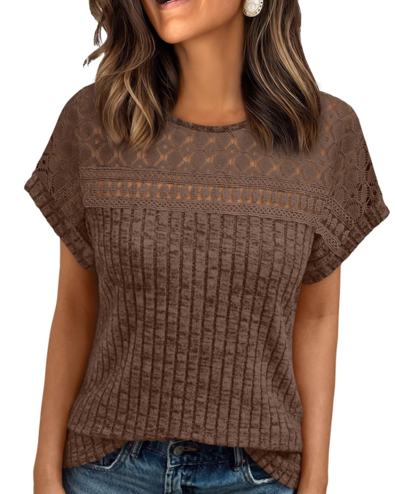 Elva Blusa Donna – Maniche Corte con Pizzo, Girocollo & Top Casual Elegante