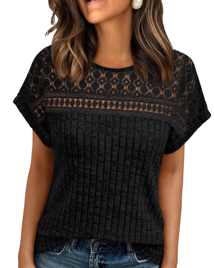 Elva Blusa Donna – Maniche Corte con Pizzo, Girocollo & Top Casual Elegante
