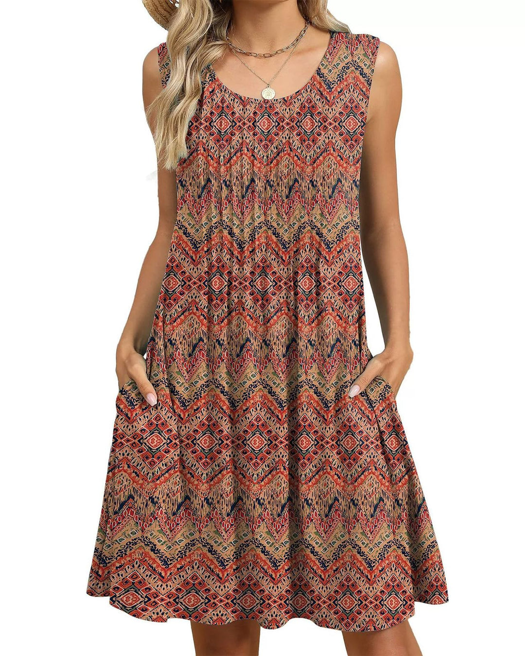 Alina Vestito Midi Donna – Boho Floreale, Senza Maniche & Tasche Casual Estivo