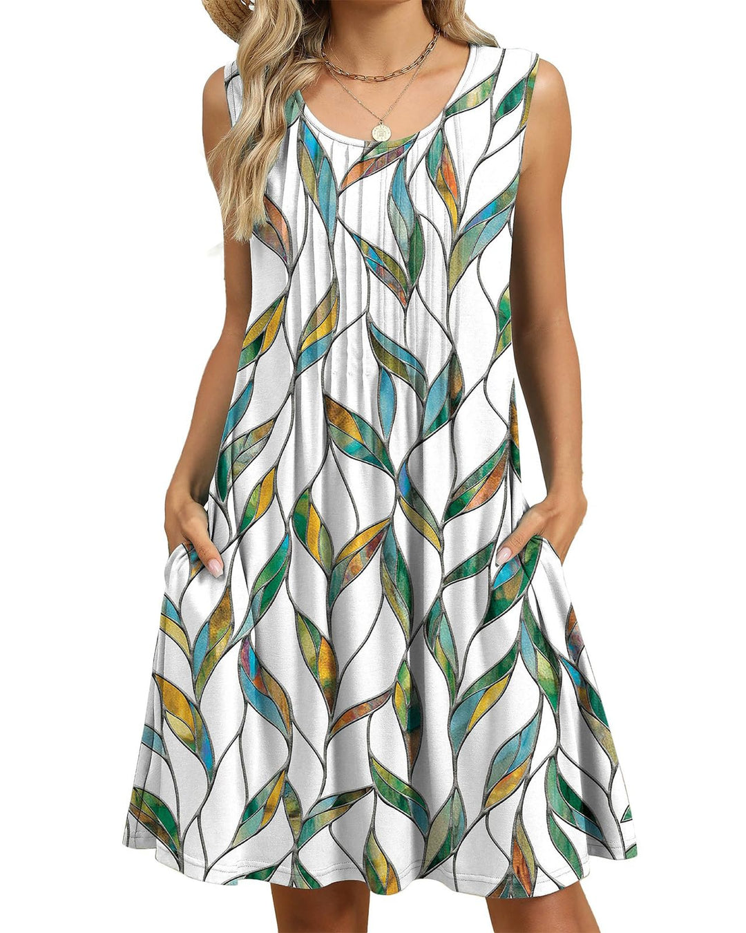 Alina Vestito Midi Donna – Boho Floreale, Senza Maniche & Tasche Casual Estivo