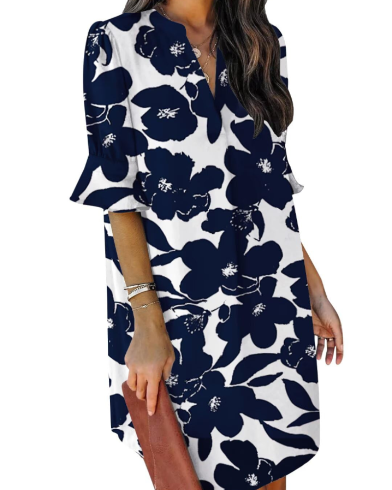 Francesca Vestito Casual Donna – Scollo a V con Volant, Maniche Corte & Abito Floreale Loose Fit