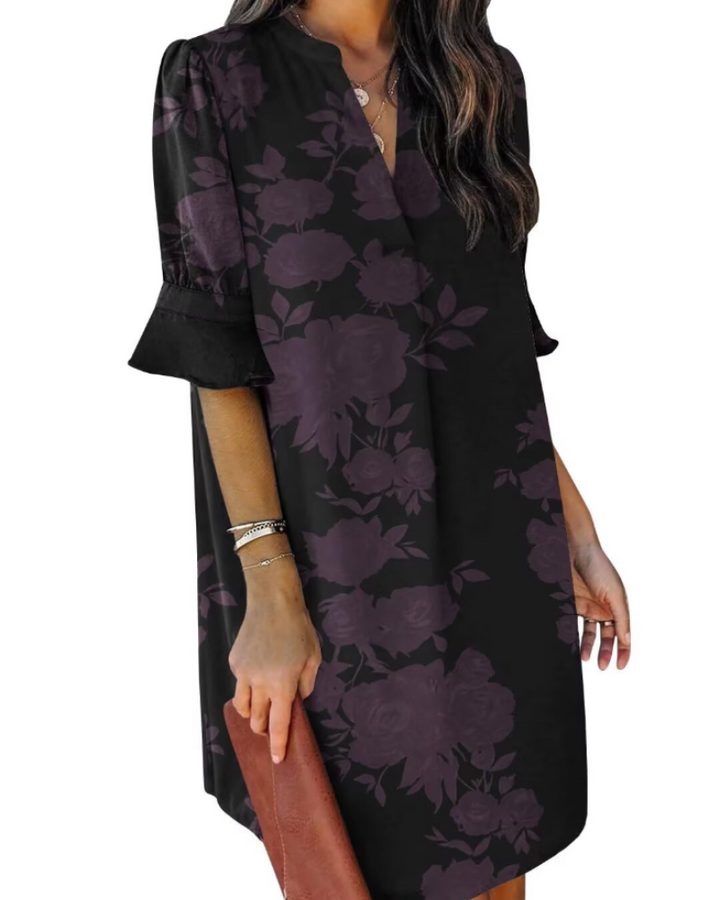 Francesca Vestito Casual Donna – Scollo a V con Volant, Maniche Corte & Abito Floreale Loose Fit