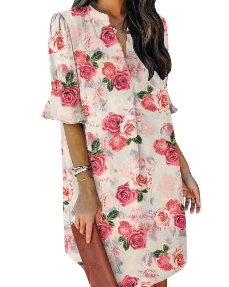 Francesca Vestito Casual Donna – Scollo a V con Volant, Maniche Corte & Abito Floreale Loose Fit