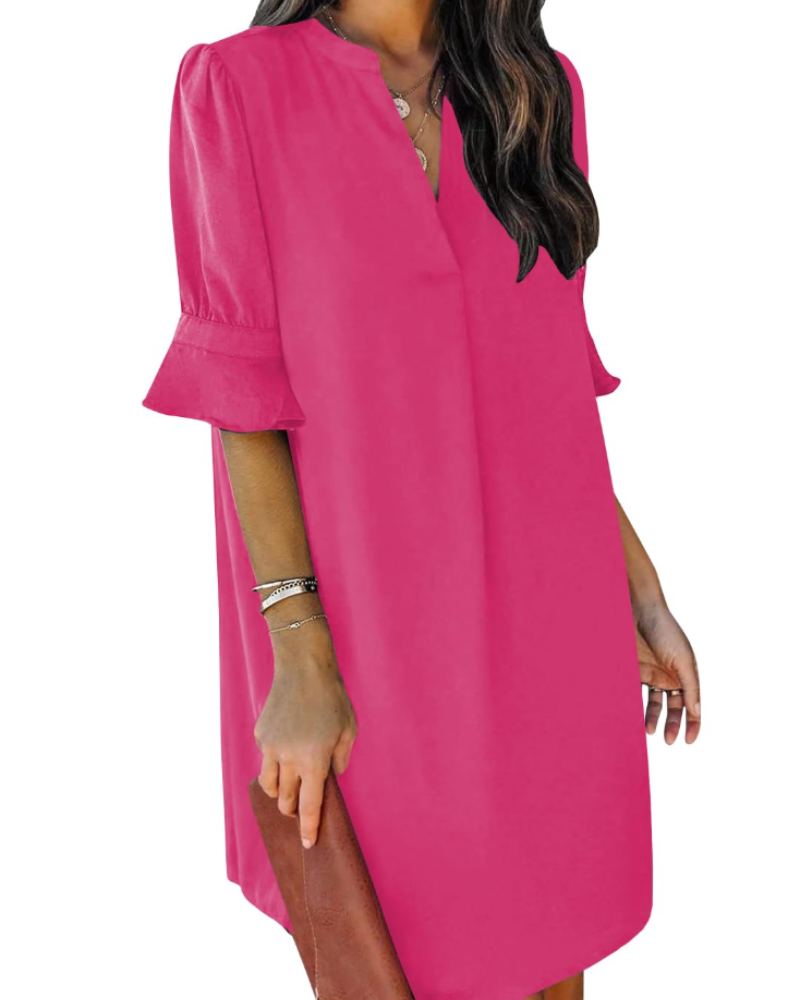 Francesca Vestito Casual Donna – Scollo a V con Volant, Maniche Corte & Abito Floreale Loose Fit