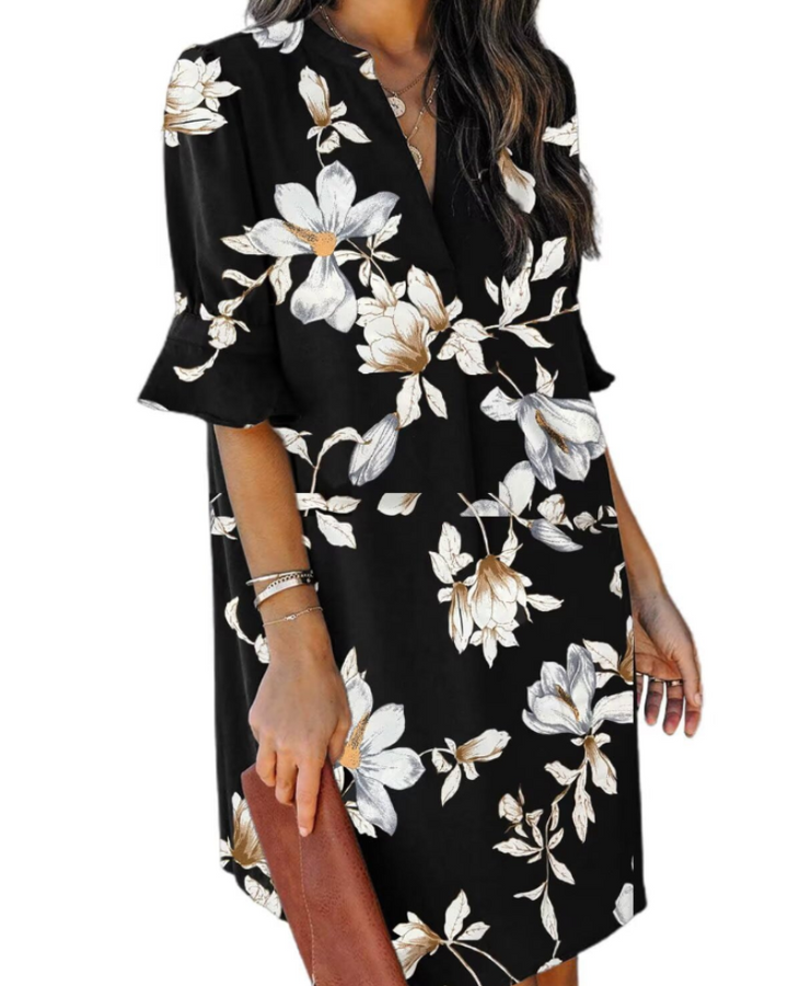 Francesca Vestito Casual Donna – Scollo a V con Volant, Maniche Corte & Abito Floreale Loose Fit
