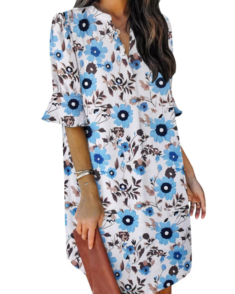 Francesca Vestito Casual Donna – Scollo a V con Volant, Maniche Corte & Abito Floreale Loose Fit