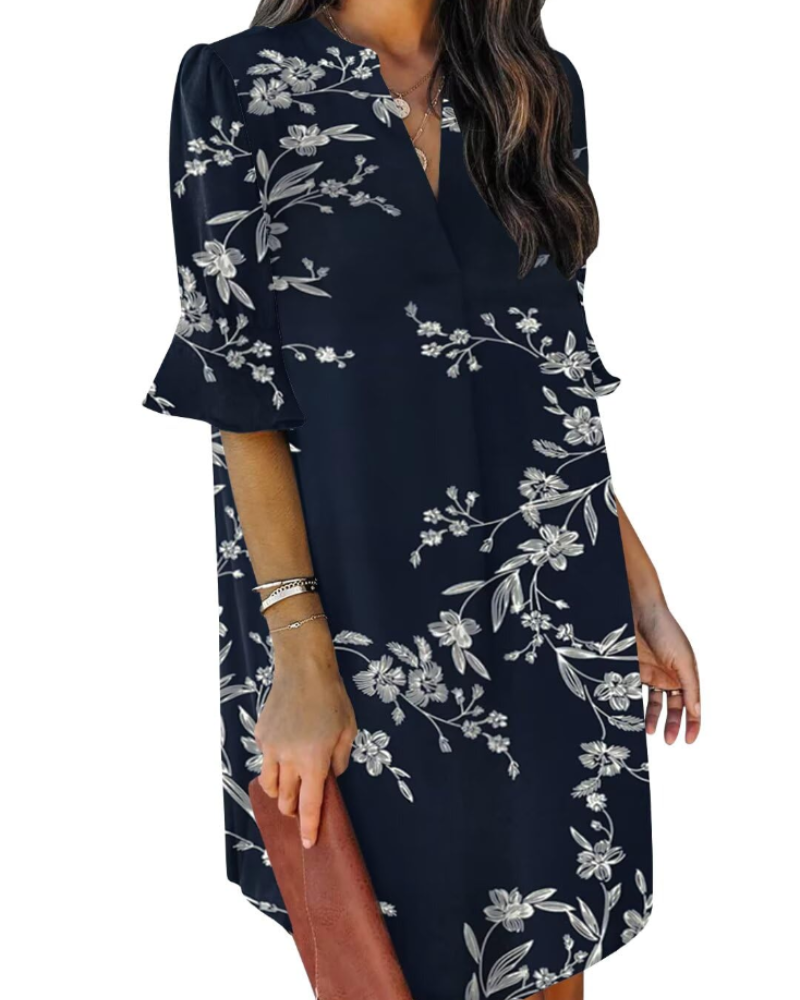 Francesca Vestito Casual Donna – Scollo a V con Volant, Maniche Corte & Abito Floreale Loose Fit