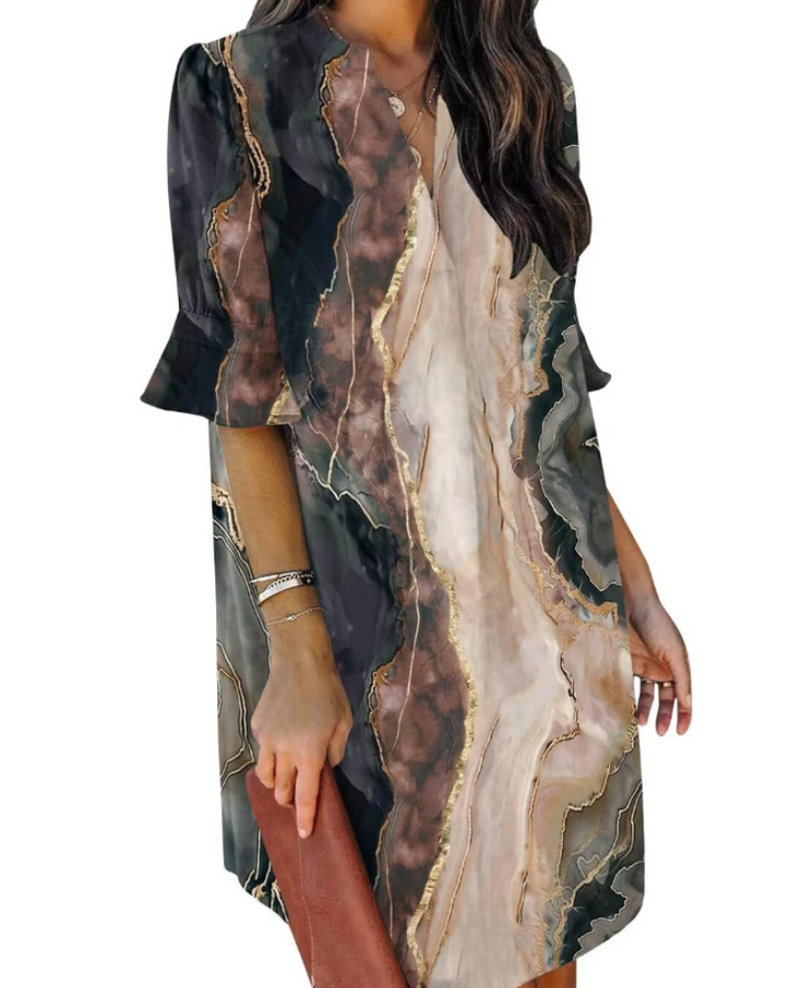 Francesca Vestito Casual Donna – Scollo a V con Volant, Maniche Corte & Abito Floreale Loose Fit