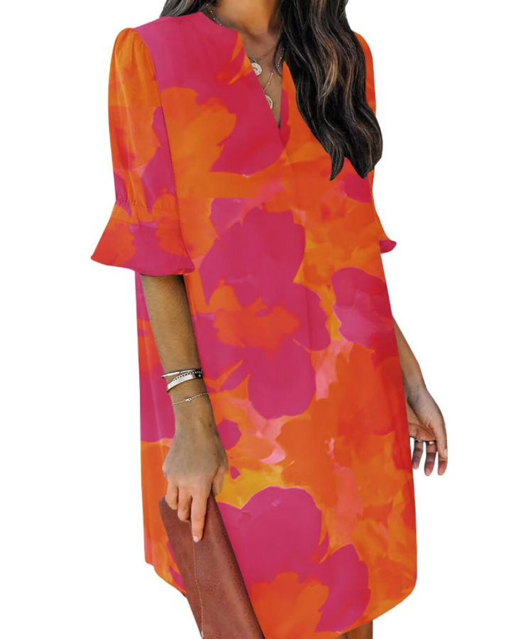 Francesca Vestito Casual Donna – Scollo a V con Volant, Maniche Corte & Abito Floreale Loose Fit