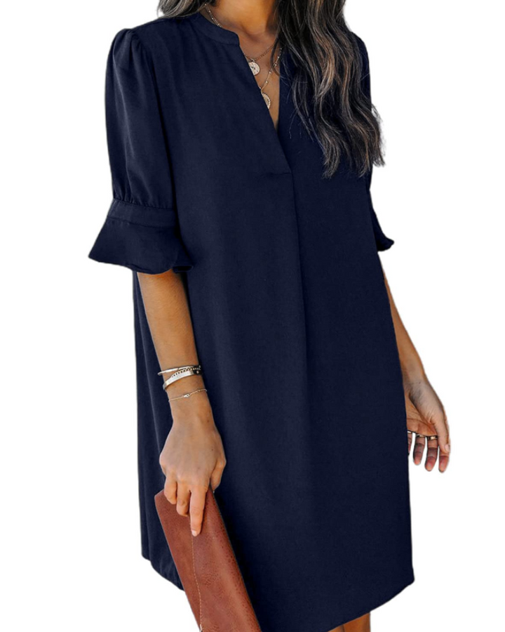 Francesca Vestito Casual Donna – Scollo a V con Volant, Maniche Corte & Abito Floreale Loose Fit