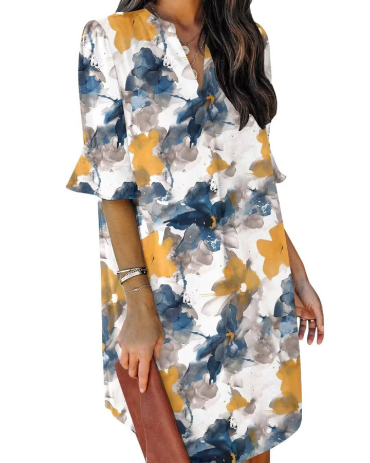 Francesca Vestito Casual Donna – Scollo a V con Volant, Maniche Corte & Abito Floreale Loose Fit