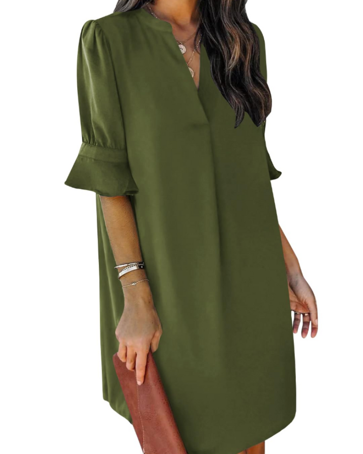 Francesca Vestito Casual Donna – Scollo a V con Volant, Maniche Corte & Abito Floreale Loose Fit