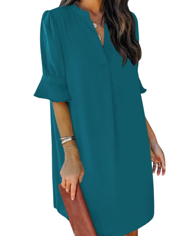 Francesca Vestito Casual Donna – Scollo a V con Volant, Maniche Corte & Abito Floreale Loose Fit