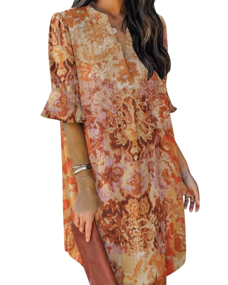 Francesca Vestito Casual Donna – Scollo a V con Volant, Maniche Corte & Abito Floreale Loose Fit