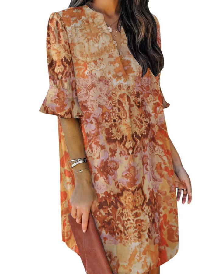 Francesca Vestito Casual Donna – Scollo a V con Volant, Maniche Corte & Abito Floreale Loose Fit