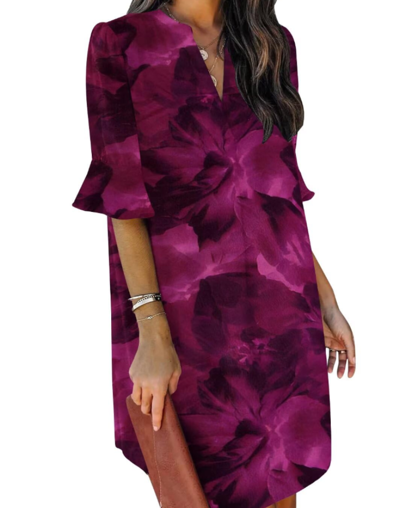 Francesca Vestito Casual Donna – Scollo a V con Volant, Maniche Corte & Abito Floreale Loose Fit