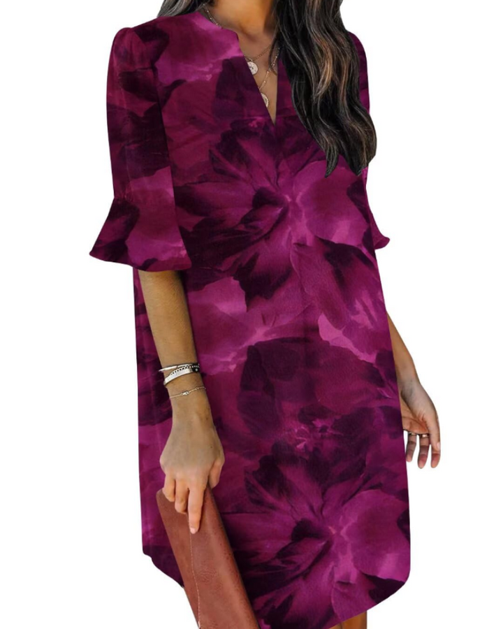 Francesca Vestito Casual Donna – Scollo a V con Volant, Maniche Corte & Abito Floreale Loose Fit