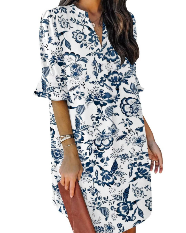 Francesca Vestito Casual Donna – Scollo a V con Volant, Maniche Corte & Abito Floreale Loose Fit