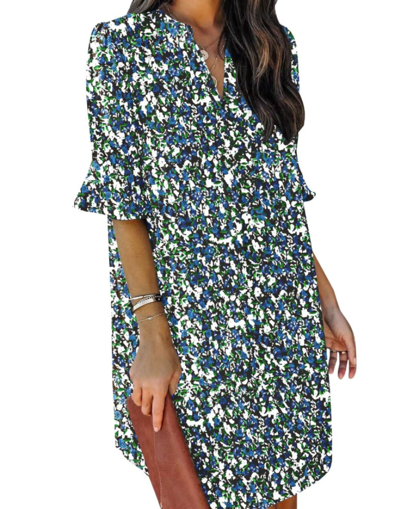 Francesca Vestito Casual Donna – Scollo a V con Volant, Maniche Corte & Abito Floreale Loose Fit