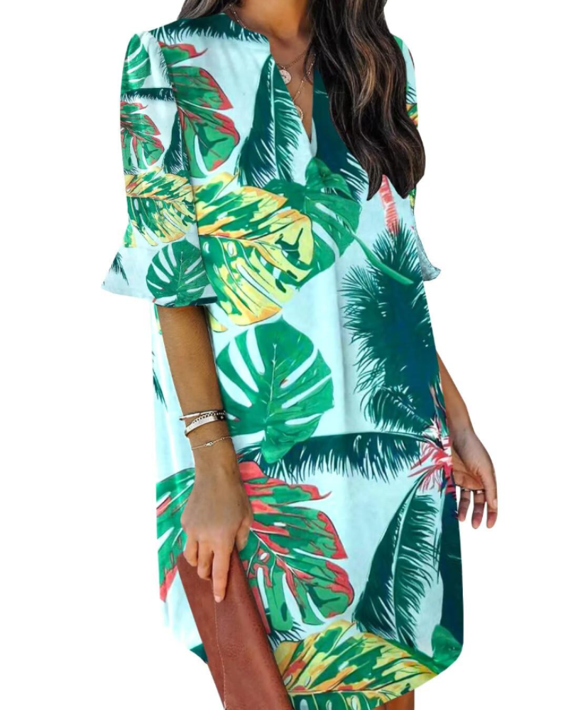 Francesca Vestito Casual Donna – Scollo a V con Volant, Maniche Corte & Abito Floreale Loose Fit
