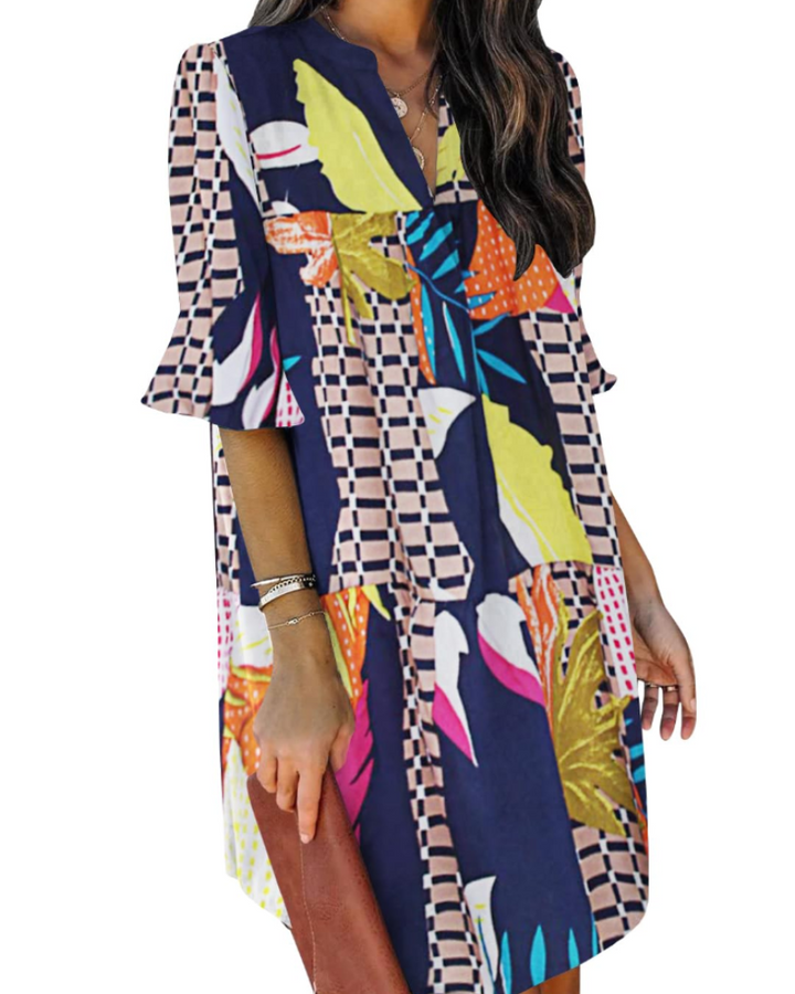 Francesca Vestito Casual Donna – Scollo a V con Volant, Maniche Corte & Abito Floreale Loose Fit