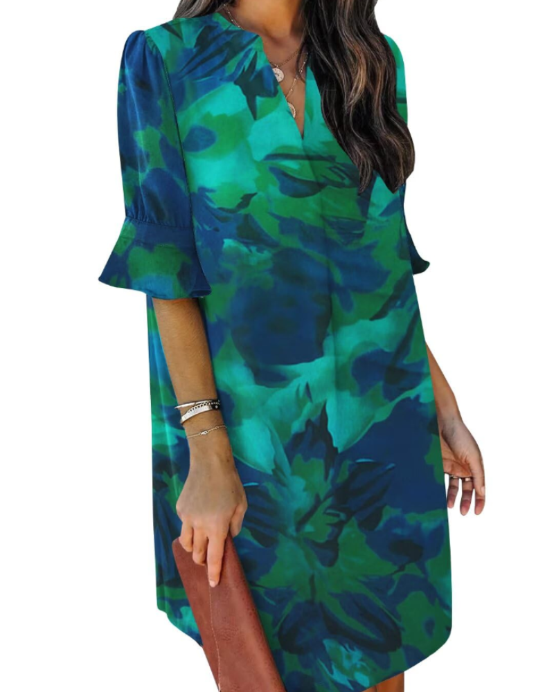 Francesca Vestito Casual Donna – Scollo a V con Volant, Maniche Corte & Abito Floreale Loose Fit