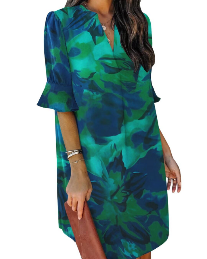 Francesca Vestito Casual Donna – Scollo a V con Volant, Maniche Corte & Abito Floreale Loose Fit