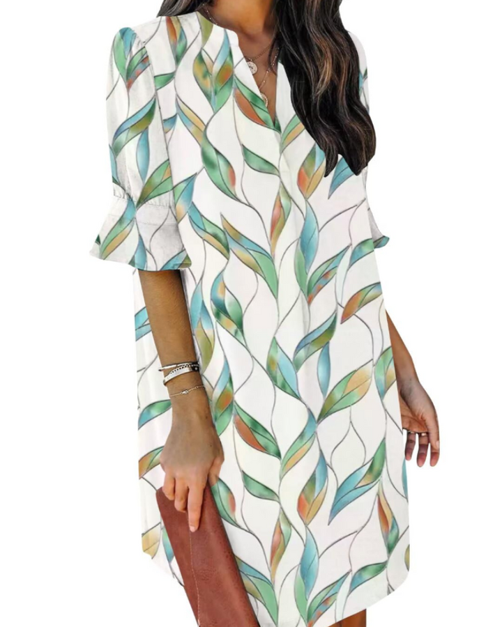 Francesca Vestito Casual Donna – Scollo a V con Volant, Maniche Corte & Abito Floreale Loose Fit