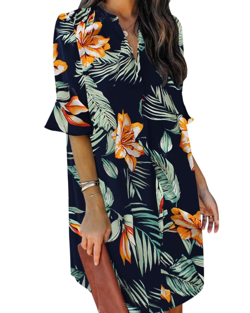 Francesca Vestito Casual Donna – Scollo a V con Volant, Maniche Corte & Abito Floreale Loose Fit