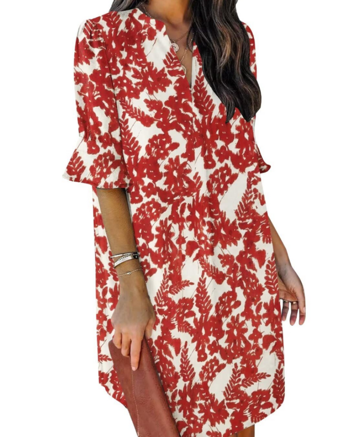 Francesca Vestito Casual Donna – Scollo a V con Volant, Maniche Corte & Abito Floreale Loose Fit