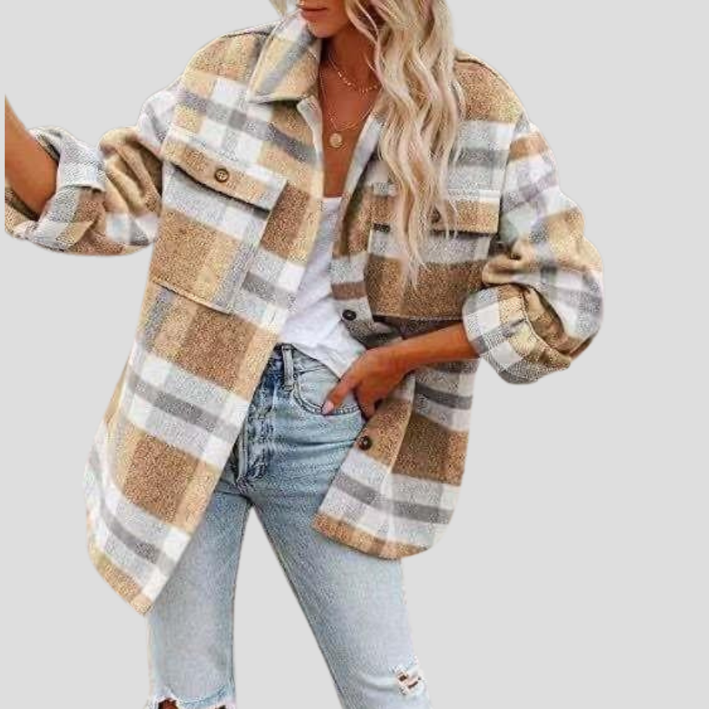 Helena Donna Hemdjacke mit Karomuster – Übergröße mit verstellbarem Gürtel und vorderen Taschen