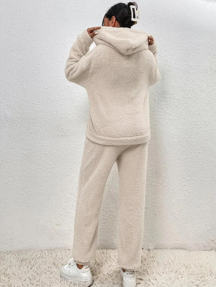Set de îmbrăcăminte comodă pentru femei Remy din Teddy – Hanorac lung cu buzunare și pantaloni de iarnă