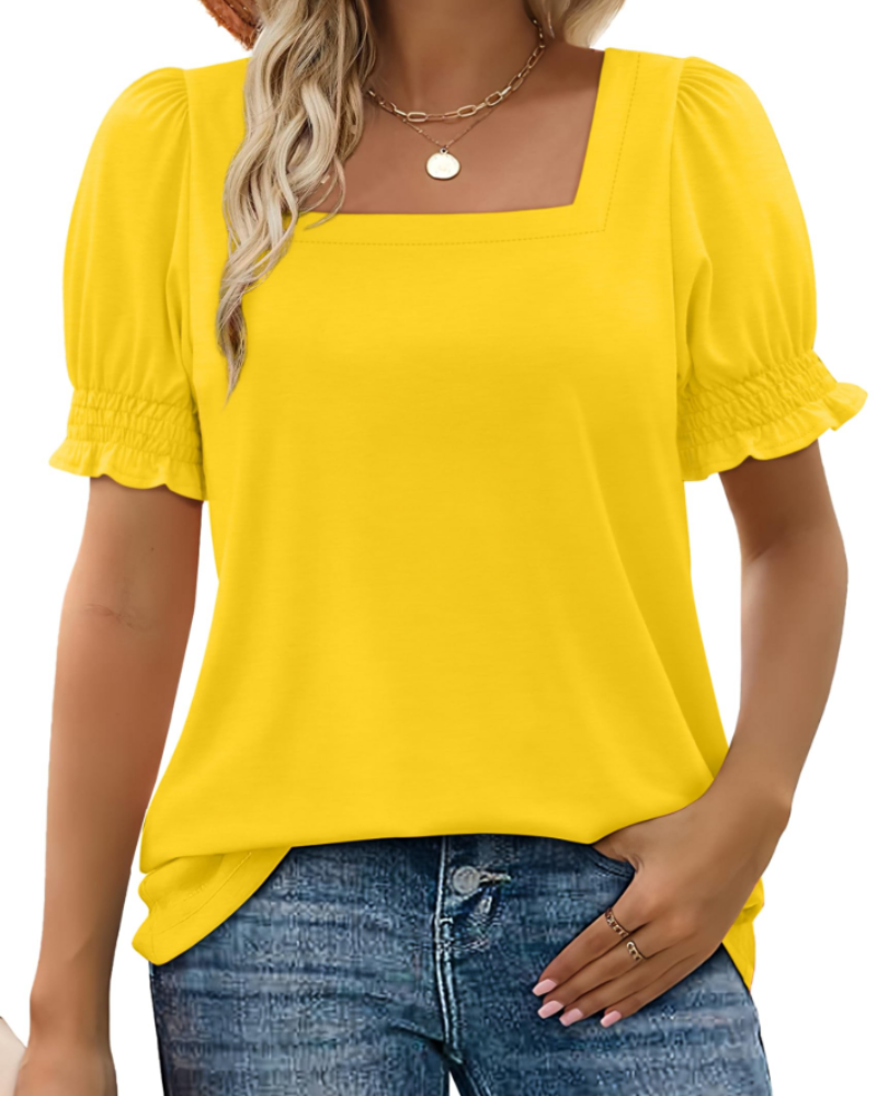 Top Giada pentru femei – Decolteu pătrat, mâneci cu volane și tricou casual elegant