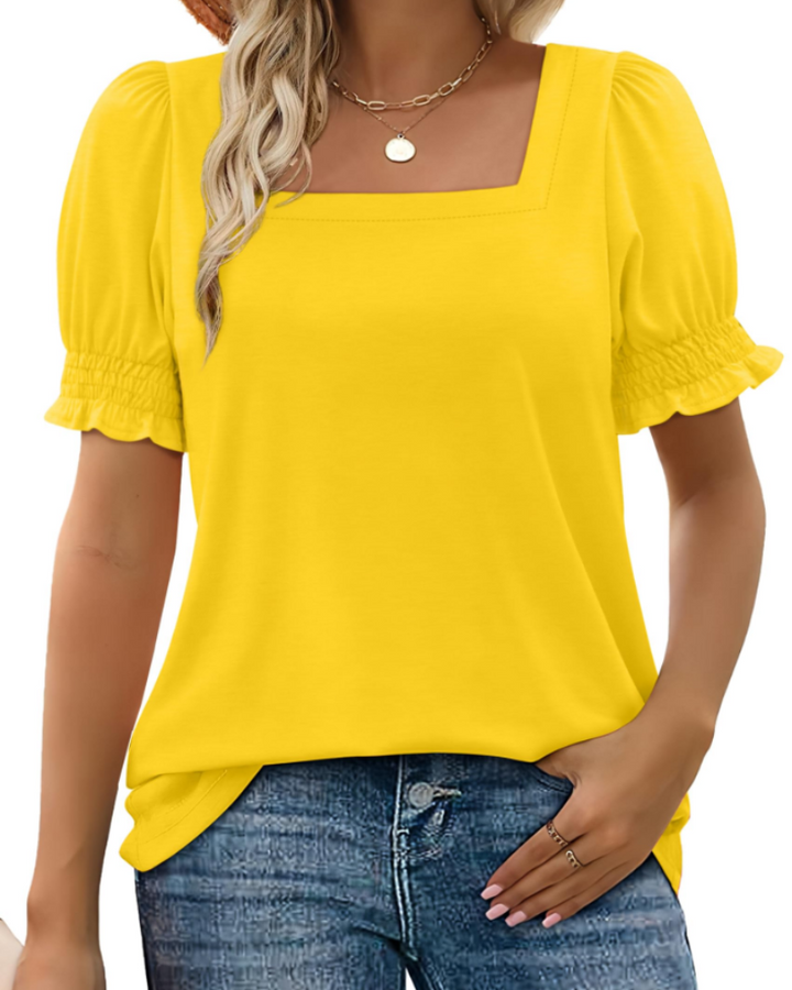 Top Giada pentru femei – Decolteu pătrat, mâneci cu volane și tricou casual elegant