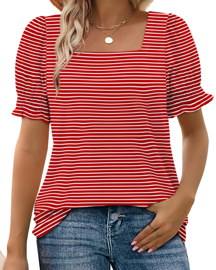 Top Giada pentru femei – Decolteu pătrat, mâneci cu volane și tricou casual elegant