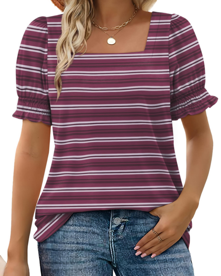 Top Giada pentru femei – Decolteu pătrat, mâneci cu volane și tricou casual elegant