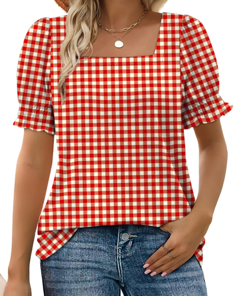 Top Giada pentru femei – Decolteu pătrat, mâneci cu volane și tricou casual elegant