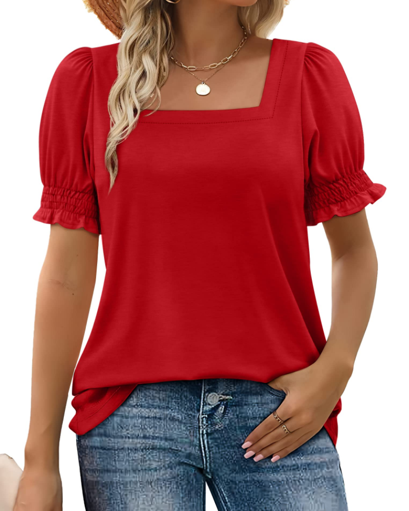 Top Giada pentru femei – Decolteu pătrat, mâneci cu volane și tricou casual elegant
