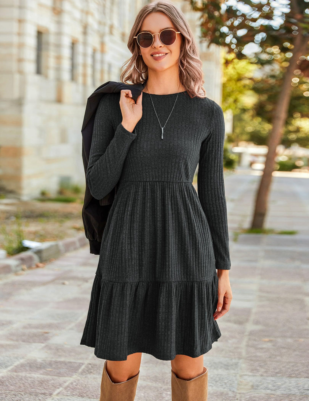 Lakelyn Vestito Donna Autunno – Maniche Lunghe, Collo Tondo & Tasche con Linea A Elegante