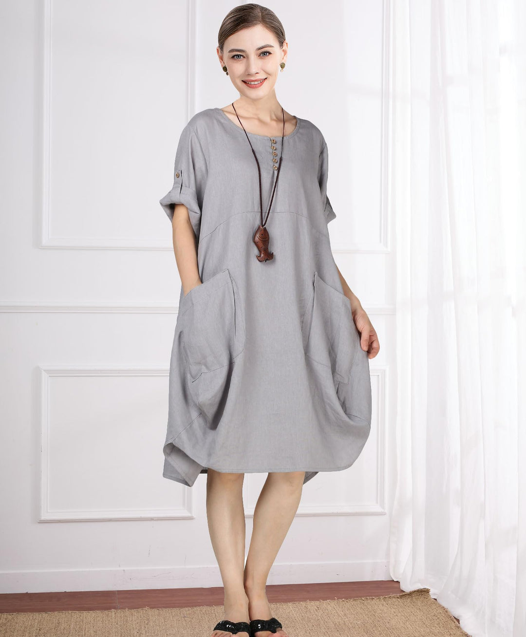 Wisteria Vestito Tunica Donna – Lino Cotone, Maniche Corte & Tasche Boho Oversize
