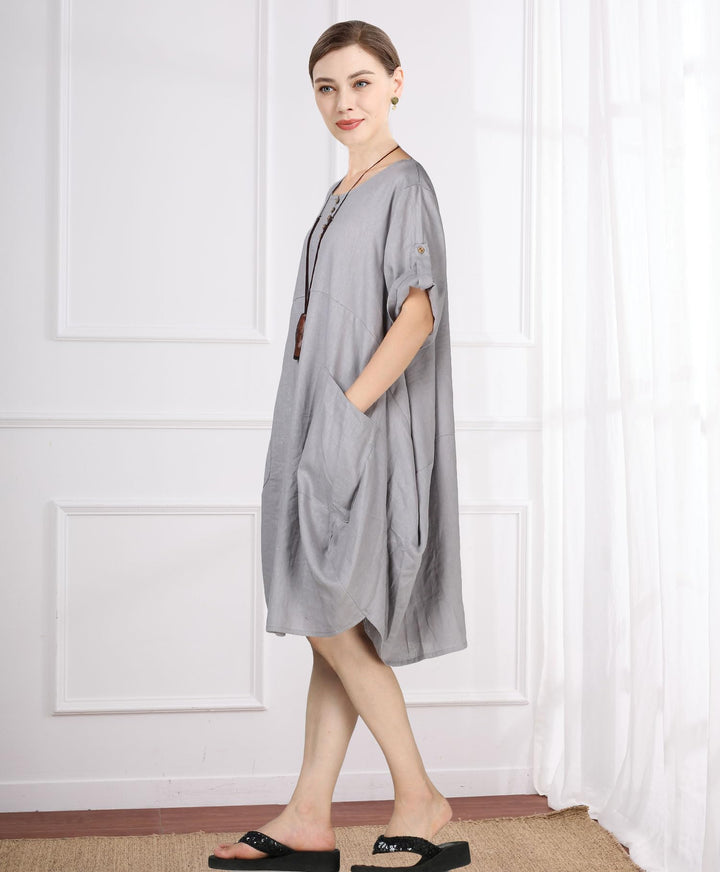 Wisteria Vestito Tunica Donna – Lino Cotone, Maniche Corte & Tasche Boho Oversize