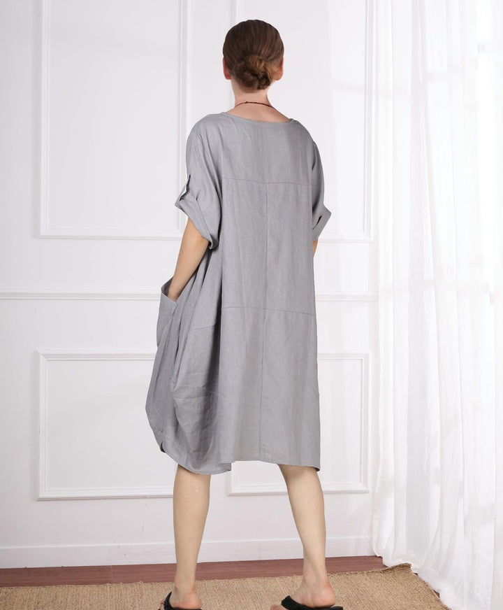 Wisteria Vestito Tunica Donna – Lino Cotone, Maniche Corte & Tasche Boho Oversize